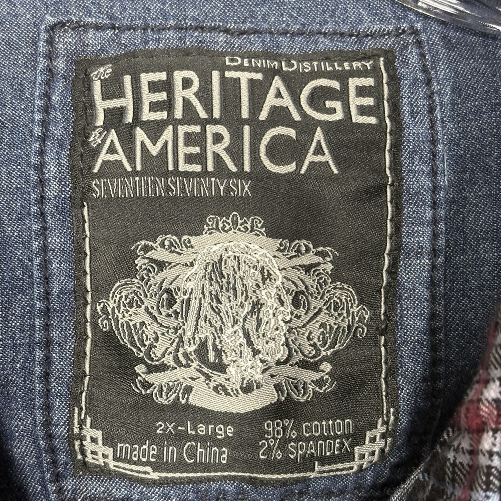 Heritage America Men 2XL Denim Jacket Grunge Flannel Patch Distressed Streetwear - Picture 7 of 15